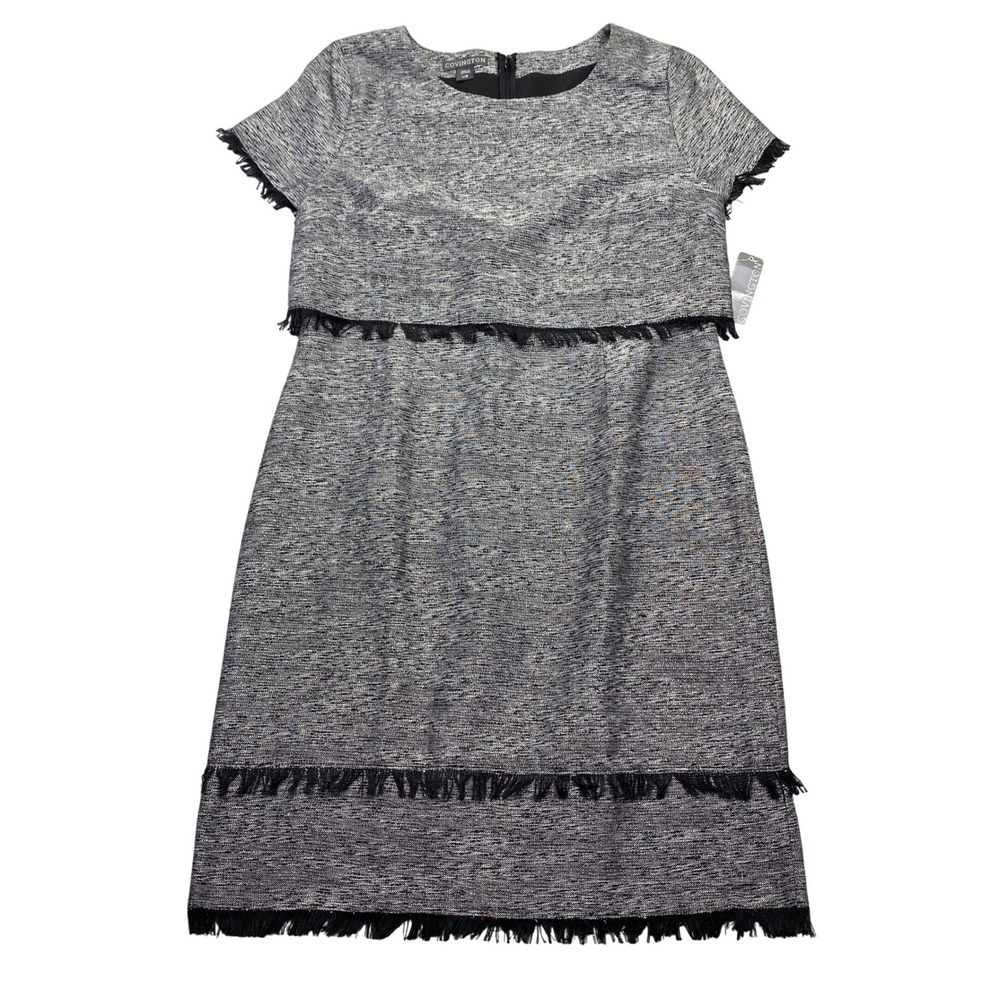 Covington Missy Cropped A Line Dress Silver Lurex Tweed Fringe Gray Large NWT